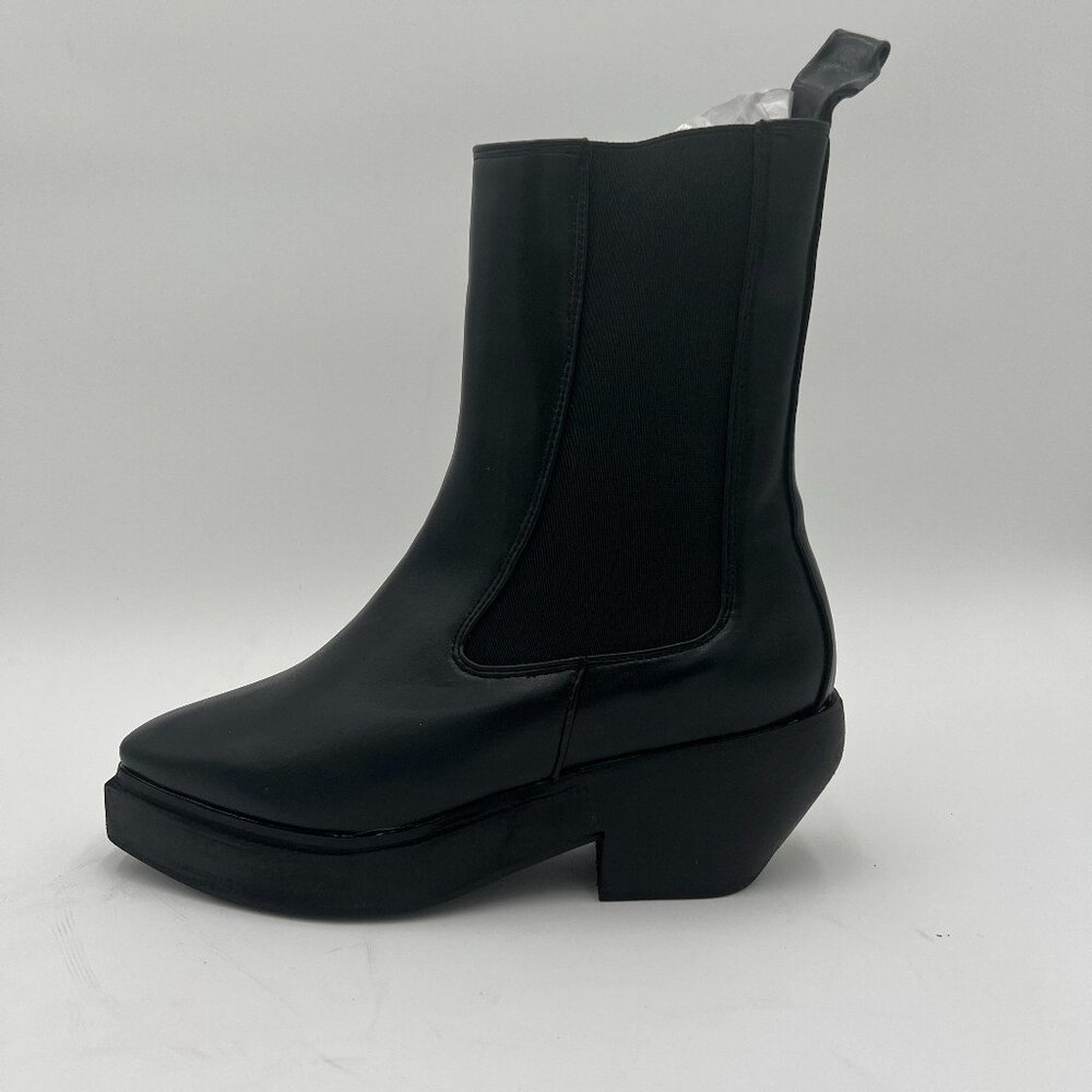 FSJ Black Closed Square Toe Ankle Chelsea Booties Chunky Low Heel Short Boots